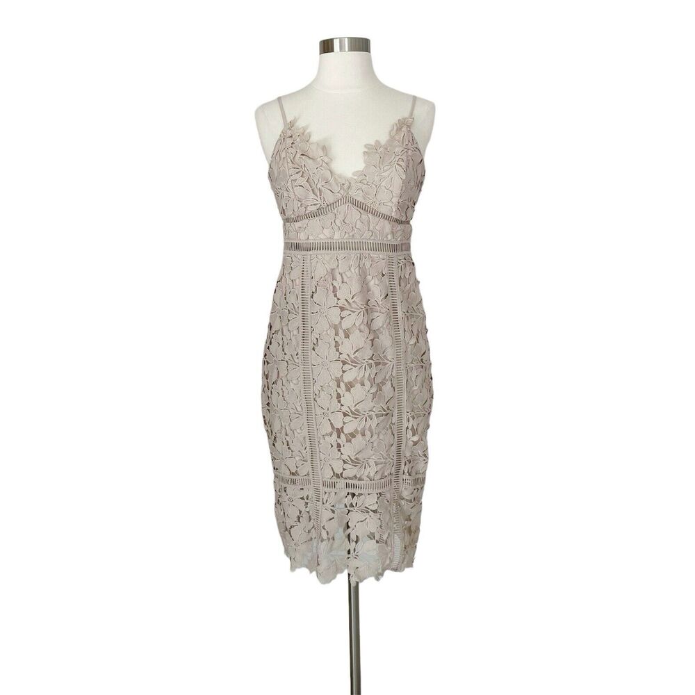 Bardot Dress 6 S Floral Lace Midi Nude Open Back Revolve Botanica Cocktail Party
